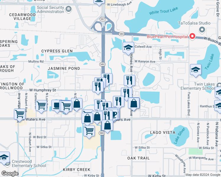 map of restaurants, bars, coffee shops, grocery stores, and more near 3707 Postwood Circle in Tampa