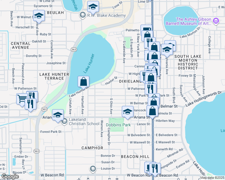 map of restaurants, bars, coffee shops, grocery stores, and more near 546 West Patterson Street in Lakeland