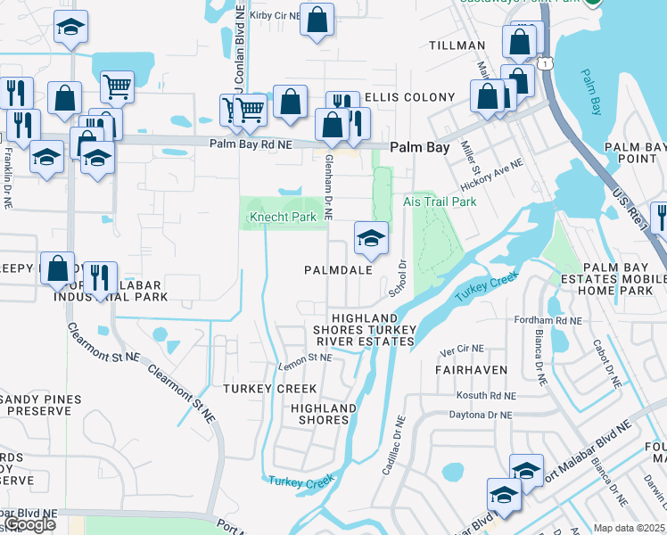 map of restaurants, bars, coffee shops, grocery stores, and more near 1265 Glenham Drive Northeast in Palm Bay