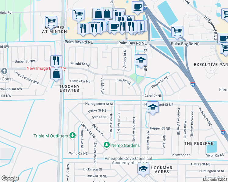 map of restaurants, bars, coffee shops, grocery stores, and more near 1218 Bluff Avenue Northeast in Palm Bay