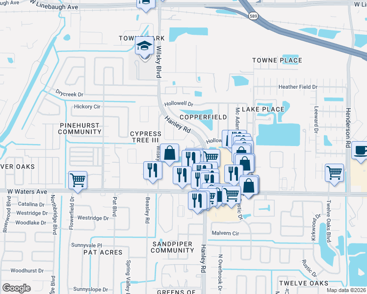 map of restaurants, bars, coffee shops, grocery stores, and more near 7602 Ocean Harbor Lane in Tampa