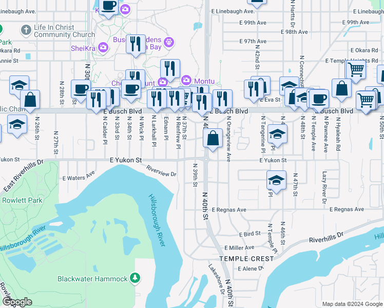 map of restaurants, bars, coffee shops, grocery stores, and more near 3708 East Yukon Street in Tampa