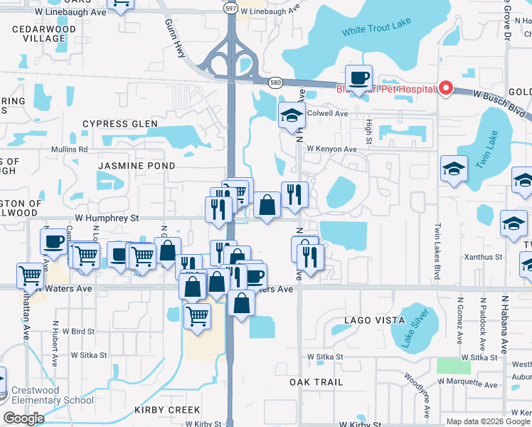map of restaurants, bars, coffee shops, grocery stores, and more near 8601 Postwood Circle in Tampa