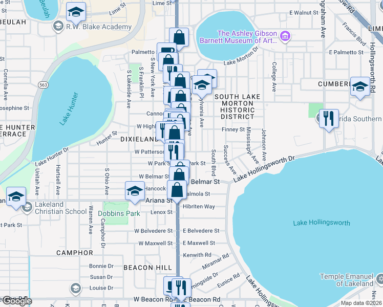 map of restaurants, bars, coffee shops, grocery stores, and more near 1062 South Tennessee Avenue in Lakeland