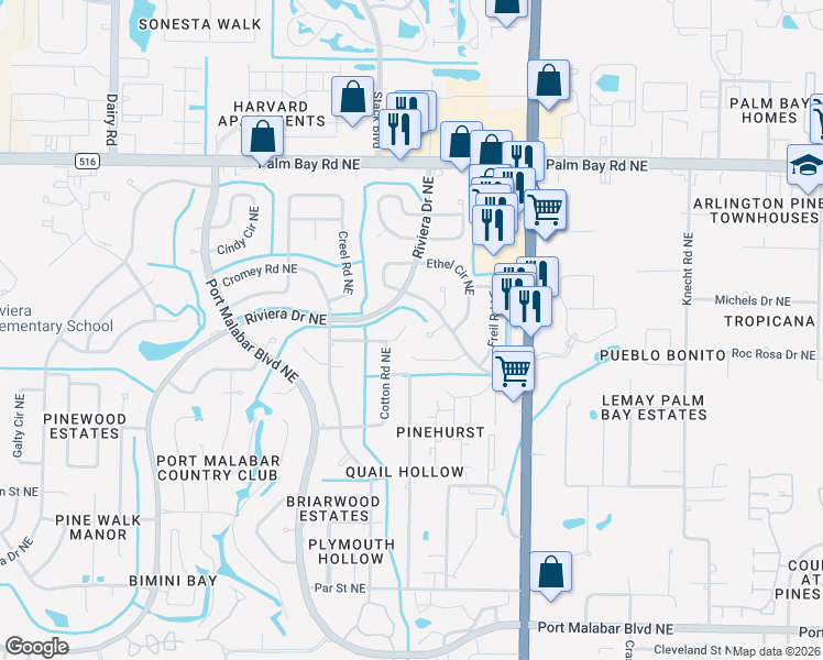 map of restaurants, bars, coffee shops, grocery stores, and more near 1544 Dowse Court Northeast in Palm Bay