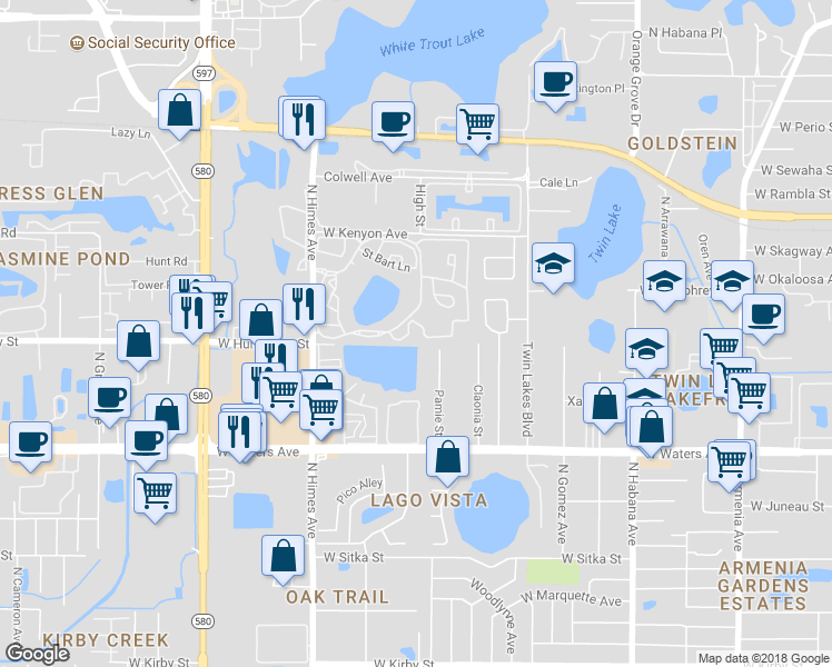 map of restaurants, bars, coffee shops, grocery stores, and more near 8619 Key Biscayne Drive in Tampa