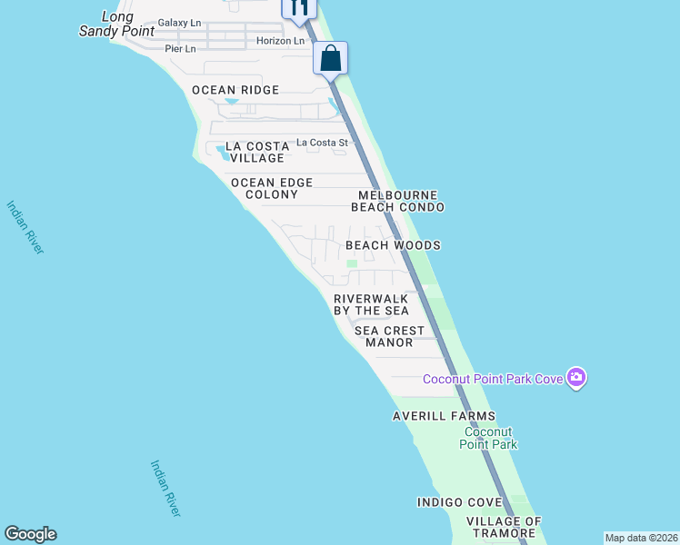 map of restaurants, bars, coffee shops, grocery stores, and more near 3285 River Villa Way in Melbourne Beach