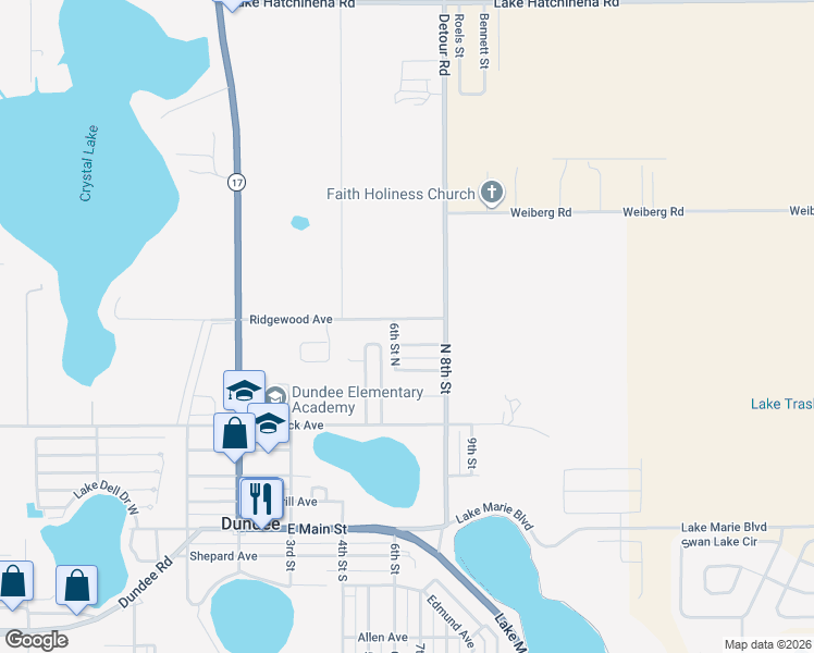 map of restaurants, bars, coffee shops, grocery stores, and more near 604 6th Street North in Dundee