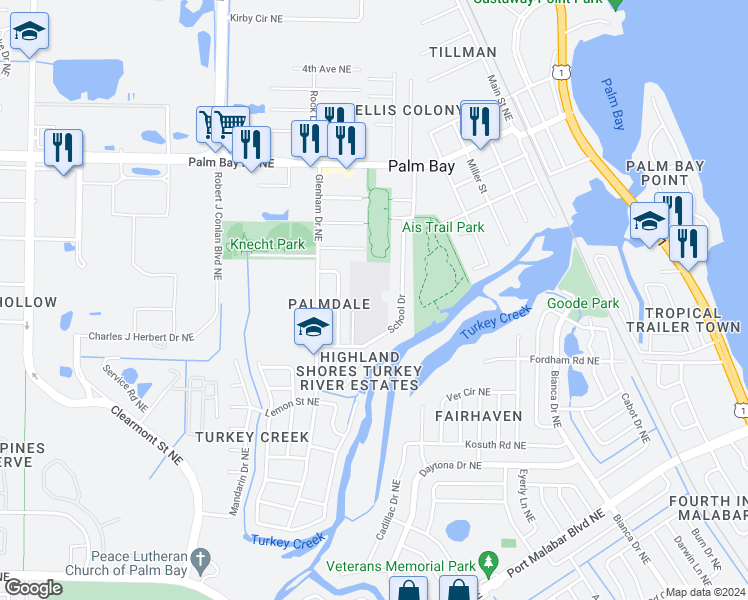 map of restaurants, bars, coffee shops, grocery stores, and more near 1200 Allamanda Road Northeast in Palm Bay