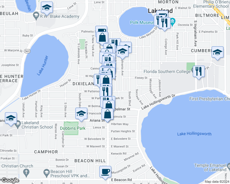map of restaurants, bars, coffee shops, grocery stores, and more near 121 East Patterson Street in Lakeland