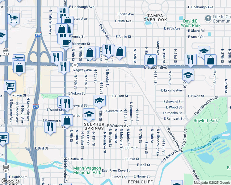 map of restaurants, bars, coffee shops, grocery stores, and more near 8601 North 14th Street in Tampa