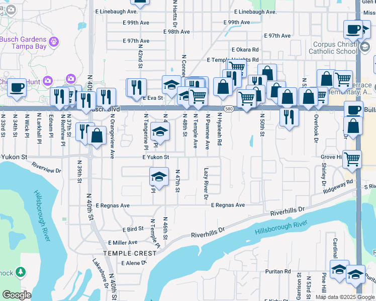 map of restaurants, bars, coffee shops, grocery stores, and more near 4706 East Yukon Street in Tampa