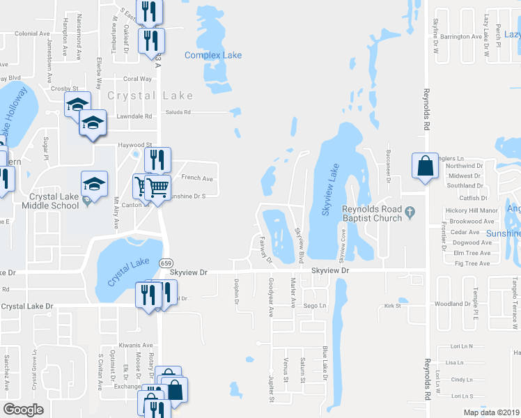 map of restaurants, bars, coffee shops, grocery stores, and more near 1230 Fairway Drive in Lakeland
