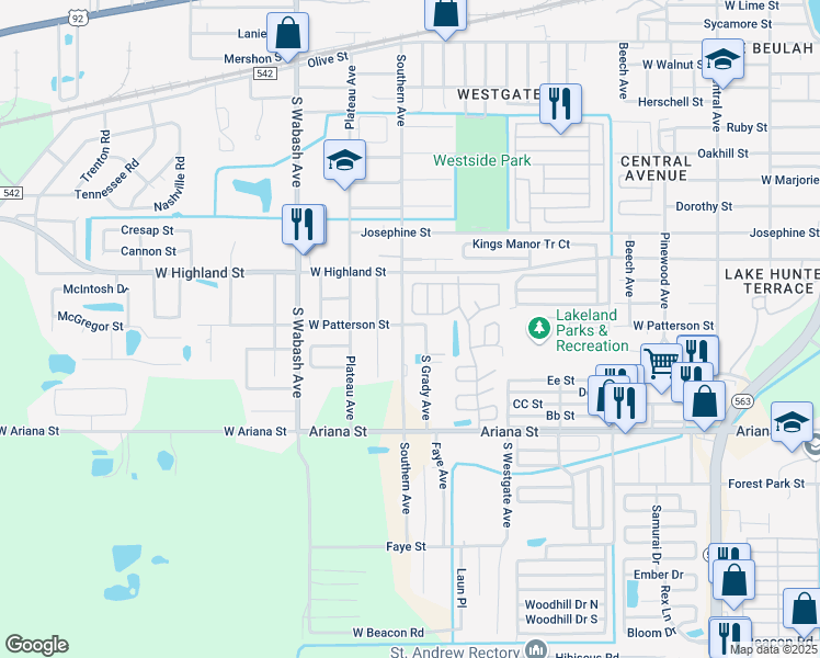 map of restaurants, bars, coffee shops, grocery stores, and more near 1108 Southern Avenue in Lakeland
