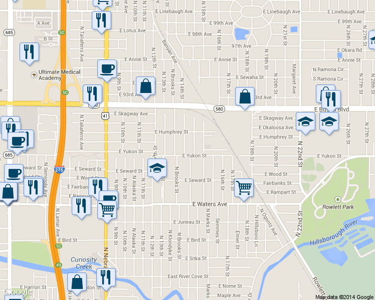 map of restaurants, bars, coffee shops, grocery stores, and more near 8601 North 14th Street in Tampa