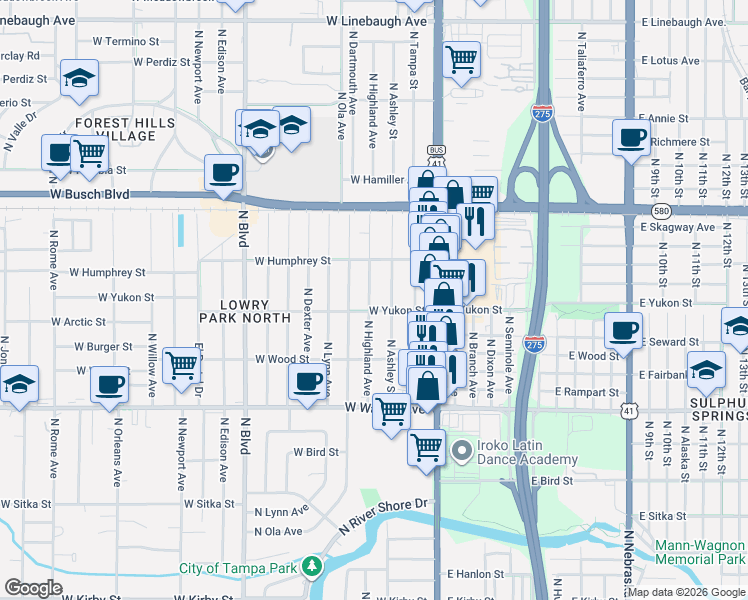 map of restaurants, bars, coffee shops, grocery stores, and more near 8700 North Highland Avenue in Tampa