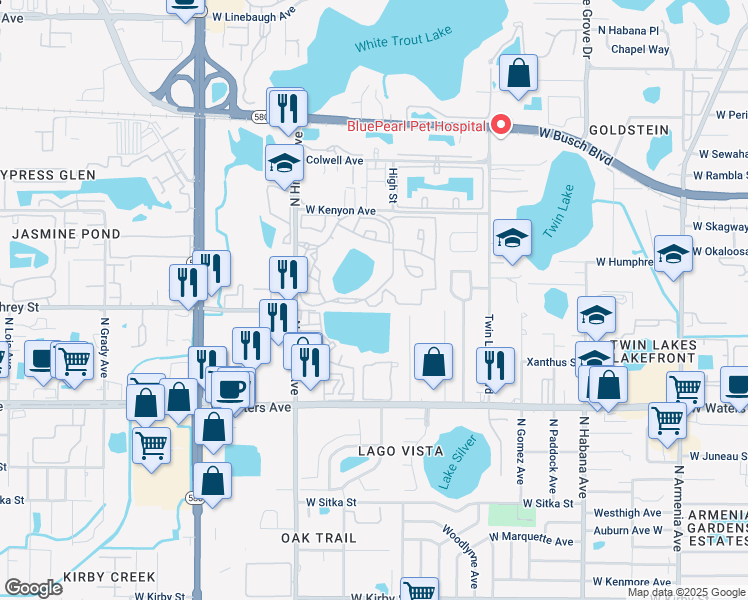 map of restaurants, bars, coffee shops, grocery stores, and more near 8619 Key Biscayne Drive in Tampa