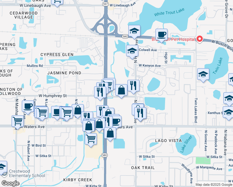 map of restaurants, bars, coffee shops, grocery stores, and more near 8601 Postwood Circle in Tampa