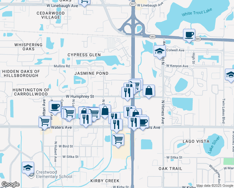 map of restaurants, bars, coffee shops, grocery stores, and more near 8582 Channelview Circle in Tampa