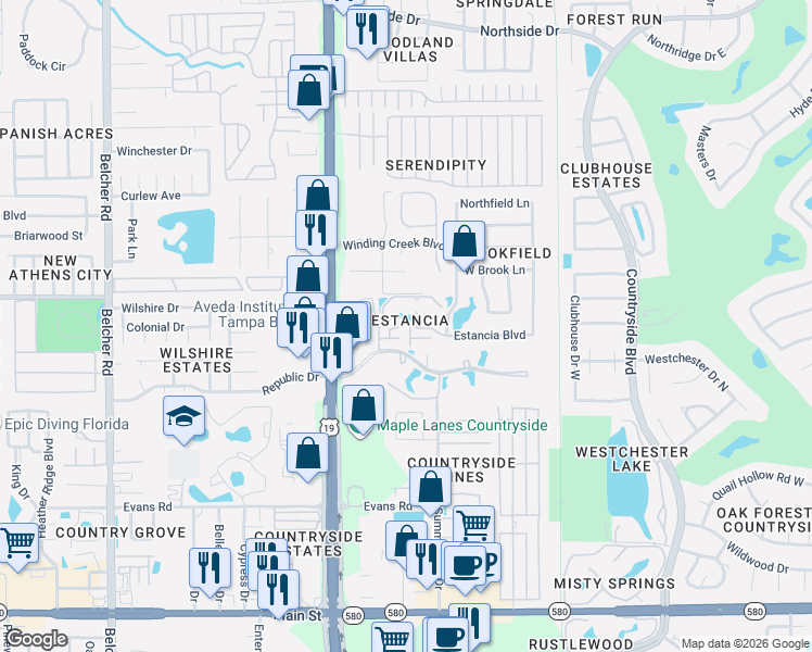 map of restaurants, bars, coffee shops, grocery stores, and more near 2456 Balboa Court in Clearwater