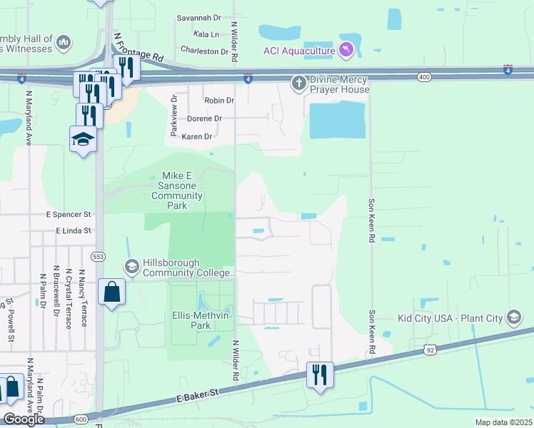 map of restaurants, bars, coffee shops, grocery stores, and more near 2720 Wilder Park Drive in Plant City