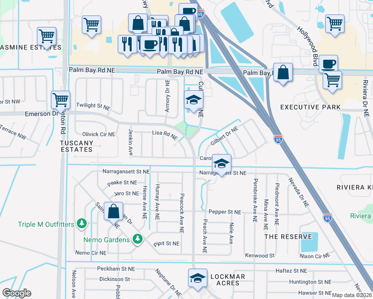 map of restaurants, bars, coffee shops, grocery stores, and more near 461 Carol Drive Northeast in Palm Bay