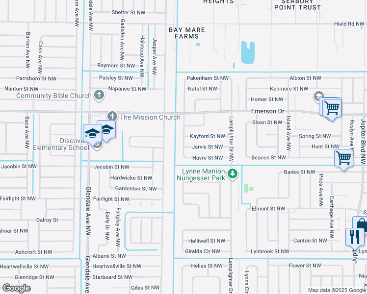 map of restaurants, bars, coffee shops, grocery stores, and more near 1224 Coral Reef Avenue Northwest in Palm Bay