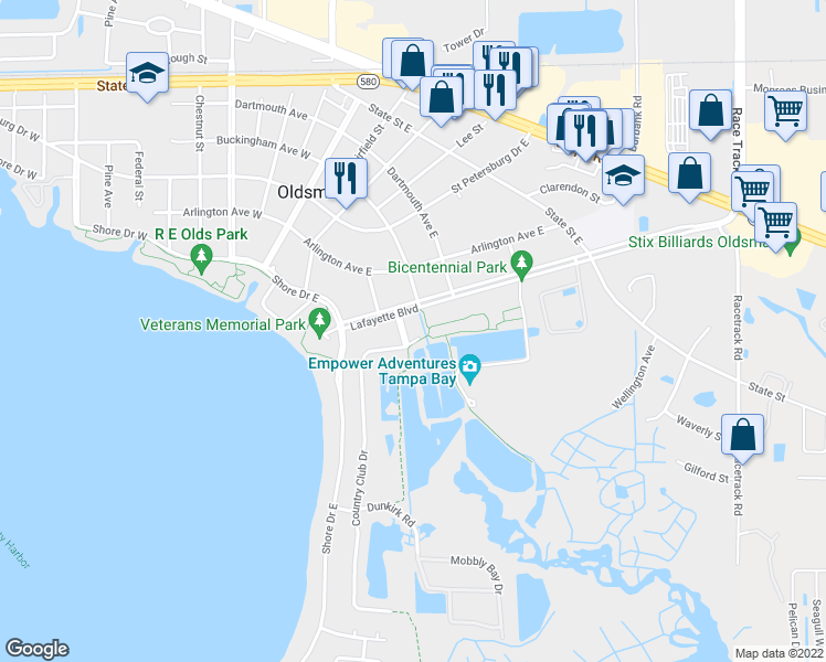 map of restaurants, bars, coffee shops, grocery stores, and more near 545 Lafayette Boulevard in Oldsmar