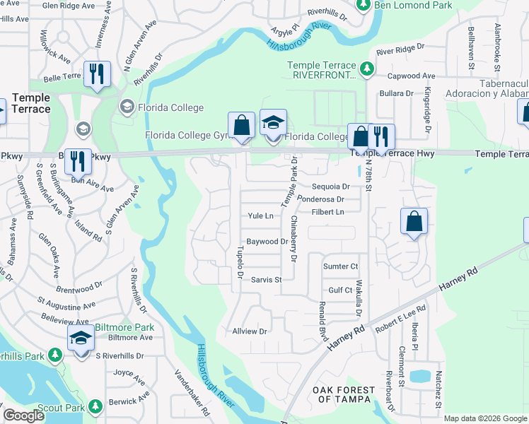 map of restaurants, bars, coffee shops, grocery stores, and more near 7016 Yule Lane in Tampa