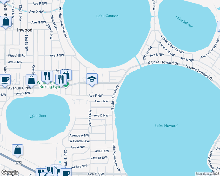 map of restaurants, bars, coffee shops, grocery stores, and more near 689 North Lake Howard Drive in Winter Haven
