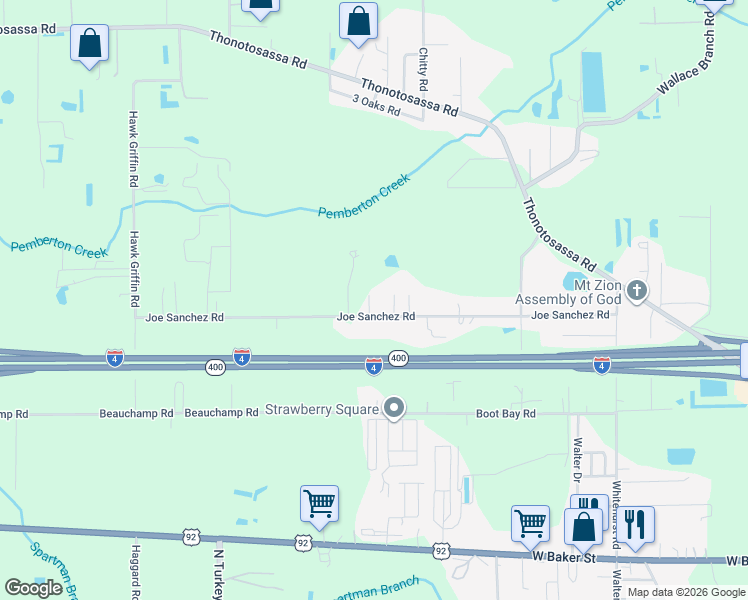 map of restaurants, bars, coffee shops, grocery stores, and more near 3708 Joe Sanchez Road in Plant City