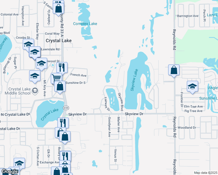 map of restaurants, bars, coffee shops, grocery stores, and more near 1230 Fairway Drive in Lakeland