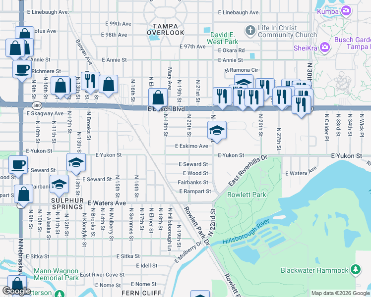 map of restaurants, bars, coffee shops, grocery stores, and more near 8618 North 20th Street in Tampa