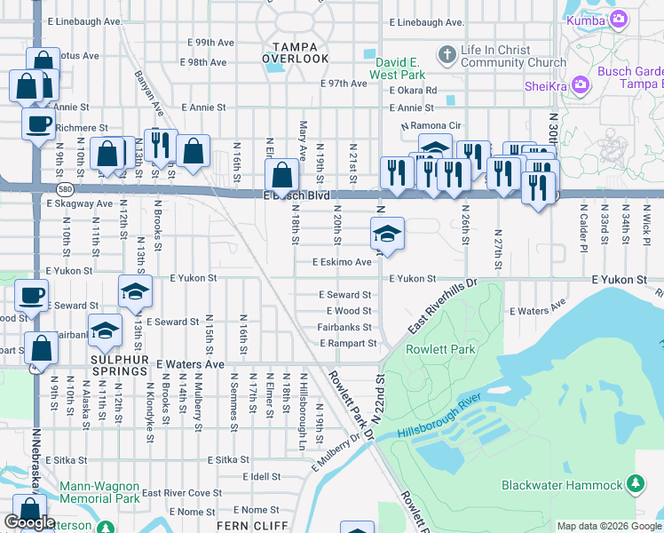 map of restaurants, bars, coffee shops, grocery stores, and more near 8618 North 20th Street in Tampa