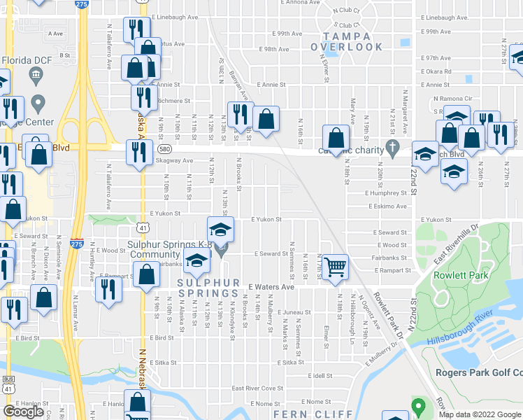 map of restaurants, bars, coffee shops, grocery stores, and more near 8601 North 14th Street in Tampa