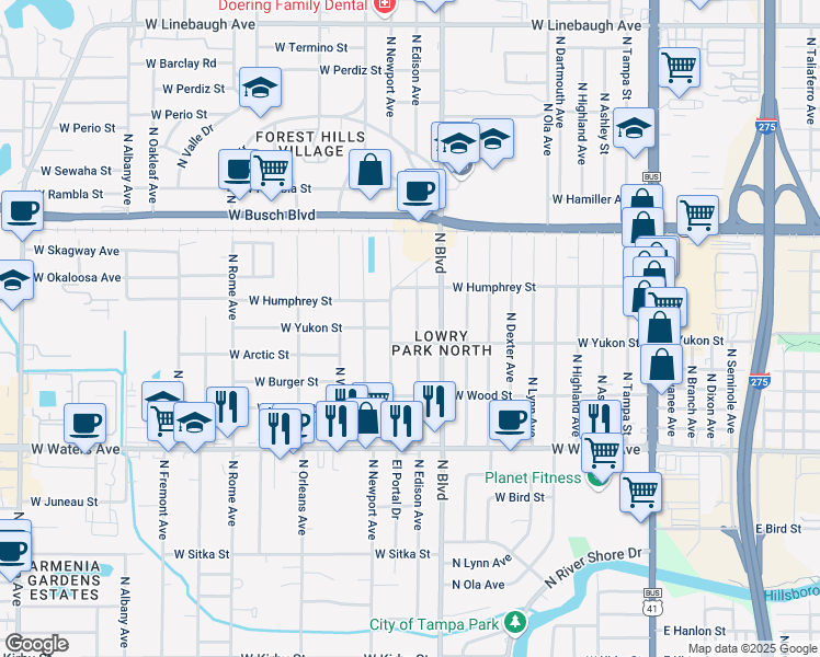 map of restaurants, bars, coffee shops, grocery stores, and more near 909 West Yukon Street in Tampa
