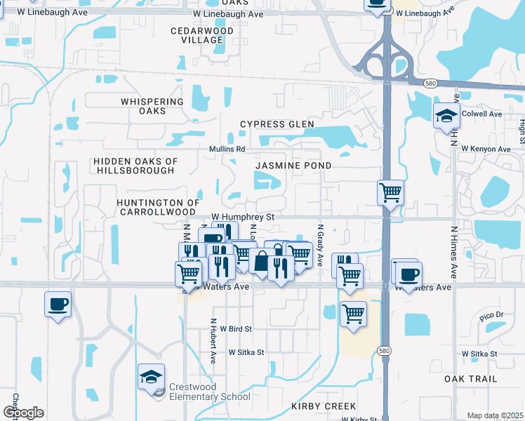 map of restaurants, bars, coffee shops, grocery stores, and more near 4102 West Humphrey Street in Tampa