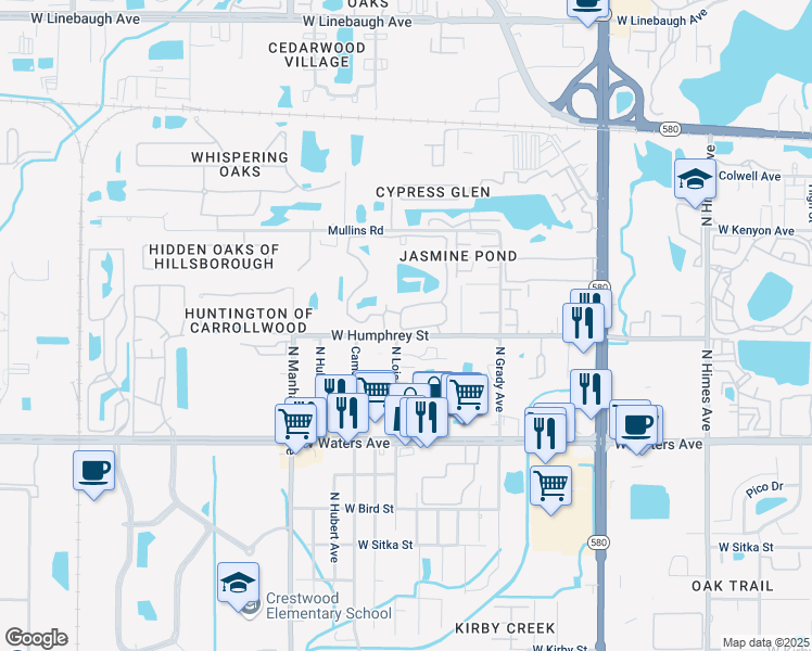 map of restaurants, bars, coffee shops, grocery stores, and more near 4102 West Humphrey Street in Tampa