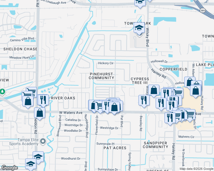 map of restaurants, bars, coffee shops, grocery stores, and more near 8521 Foxhall Drive in Tampa