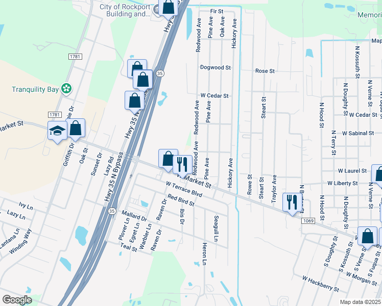 map of restaurants, bars, coffee shops, grocery stores, and more near 631 Redwood Avenue in Rockport