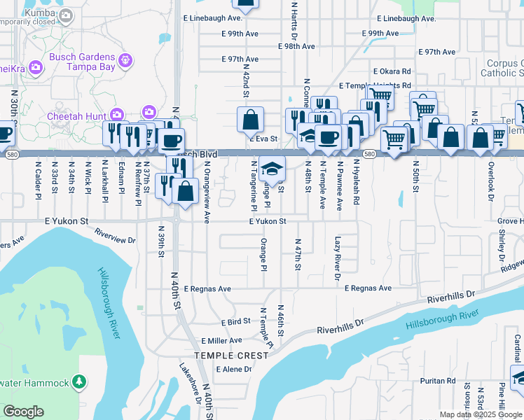 map of restaurants, bars, coffee shops, grocery stores, and more near 4230 East Yukon Street in Tampa