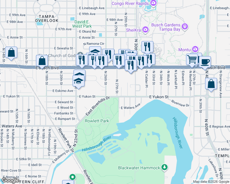 map of restaurants, bars, coffee shops, grocery stores, and more near 2610 East Yukon Street in Tampa