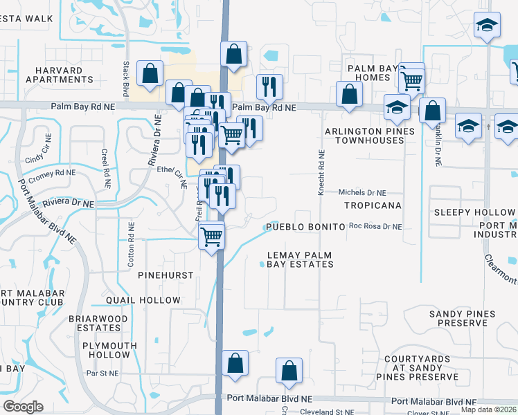 map of restaurants, bars, coffee shops, grocery stores, and more near 12 Palm Place Drive Northeast in Palm Bay
