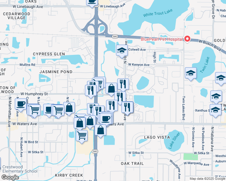 map of restaurants, bars, coffee shops, grocery stores, and more near 8601 Postwood Circle in Tampa