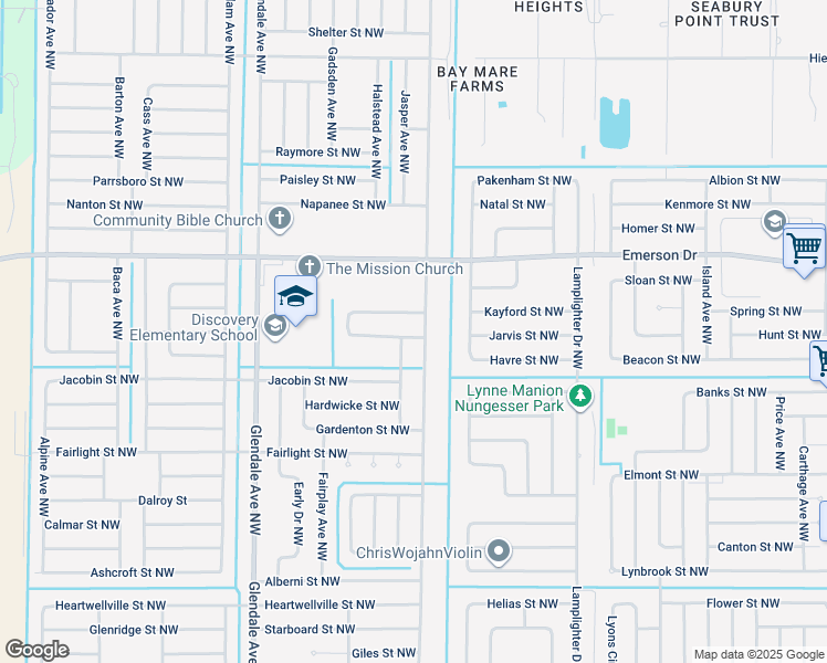 map of restaurants, bars, coffee shops, grocery stores, and more near 1494 Kaslo Circle Northwest in Palm Bay
