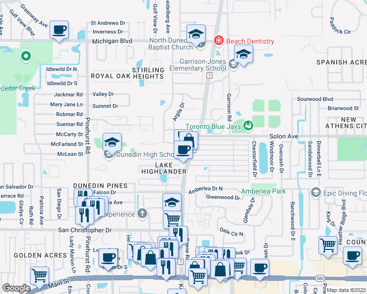 map of restaurants, bars, coffee shops, grocery stores, and more near 245 Mary Circle East in Dunedin