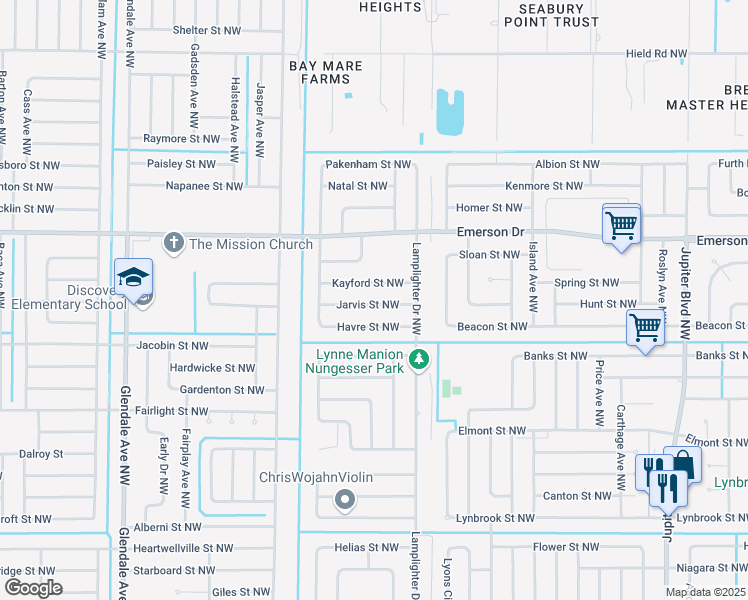 map of restaurants, bars, coffee shops, grocery stores, and more near 1341 Jarvis Street Northwest in Palm Bay