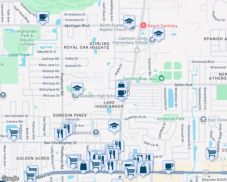 map of restaurants, bars, coffee shops, grocery stores, and more near 1529 Coachlight Way in Dunedin