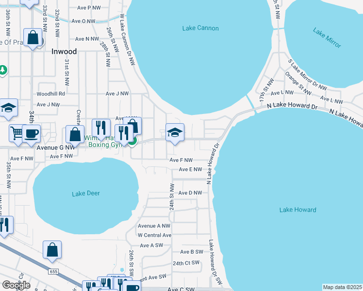 map of restaurants, bars, coffee shops, grocery stores, and more near 2200 Avenue G Northwest in Winter Haven
