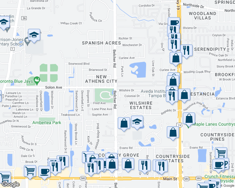 map of restaurants, bars, coffee shops, grocery stores, and more near 2980 Leisure Court in Dunedin